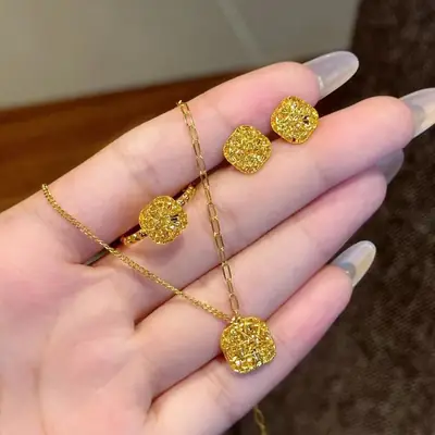 Gold Square Zircon Earrings Necklace Set