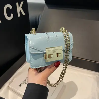 Light Blue Mini Square Crossbody Bag with Gold Clasp