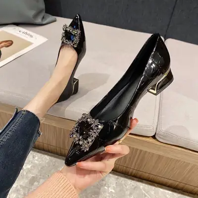 Rhinestone Chunky Heel Women's Shoes Black French Style