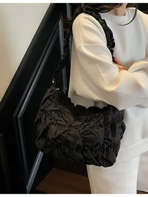 Black Pleated Bubble Shoulder Bag for Girls