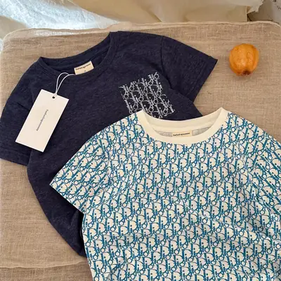 Boys Letter Print T-Shirt Dark Blue Round Neck