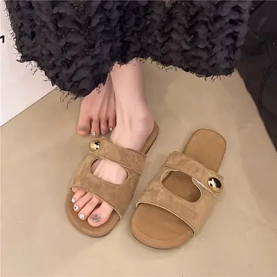 Women Velvet Sandals Beige Gold Button Summer Casual