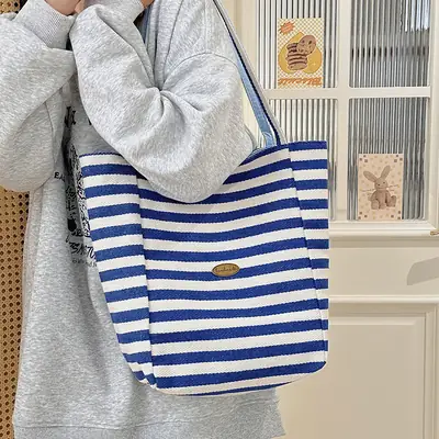 Blue Striped Canvas Shoulder Tote Bag 2025 Korean Style