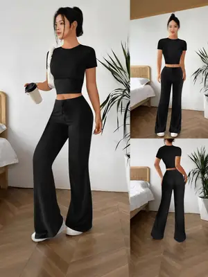 Black Slim Fit High Waist Pants & Crop Top Set for Women