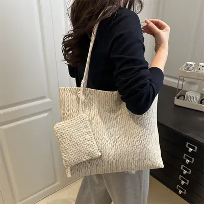 Women Straw Bag Set 2025 Casual Shoulder Tote