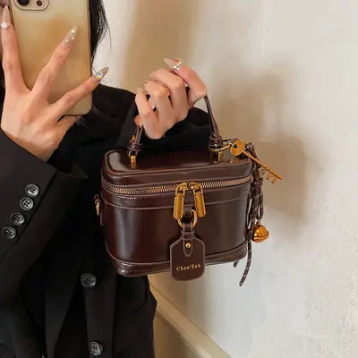 Brown Leather Crossbody Bag for Women with Gold Zippers