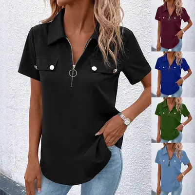 Women Blue Zipper Button Polo Shirt Summer Casual Wear