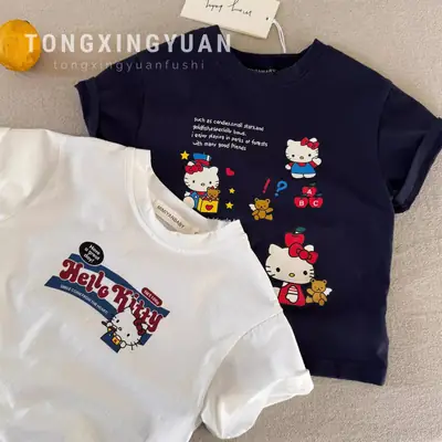 Children's Cartoon Kt Cat T-Shirt Navy White 2025 Summer