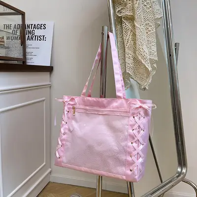 Pink Bow Tie Shoulder Tote Bag Large Capacity Daily Commute