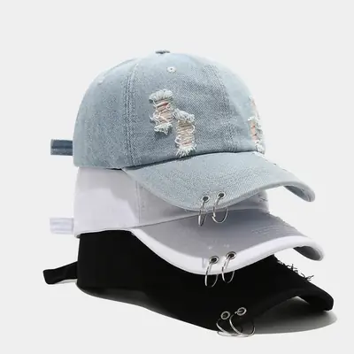 Women Denim Ripped Baseball Cap with Iron Rings
