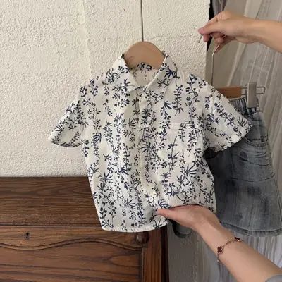 Boys Blue Floral Pure Cotton Short Sleeve T-Shirt