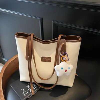 Women's Cream Brown Crossbody Tote Bag with Cute Charm