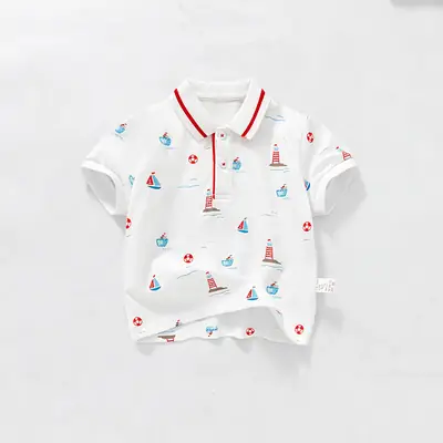 Boys' White Polo T-Shirt with Lighthouse & Sailboat Print