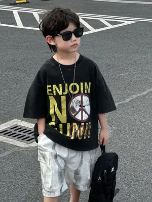 Boys Black Graphic Cotton T-Shirt Summer 2025