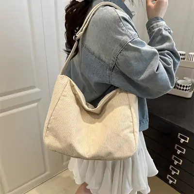 New Style Relaxed Corduroy Shoulder Bag for Women Large Capacity Crossbody Bag Korean Fashion Commuter Tote Bag Trendy Luggage and Leather Goods