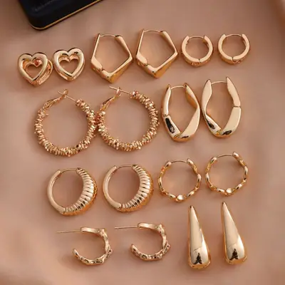 European American Textured Gold Earrings Set