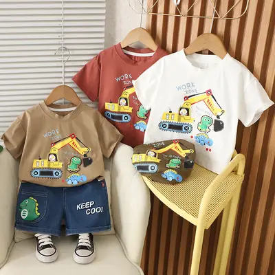 Boys Cartoon Excavator T-Shirt Shorts Set Summer