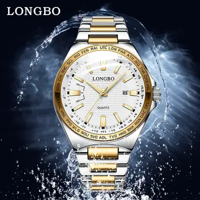 Longbo Luminous Waterproof Men's Quartz Watch Gold Silver