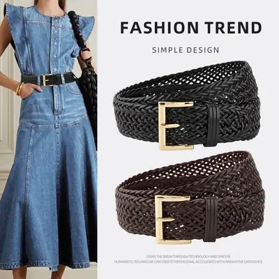 Brown Woven Belt for Women with Gold Buckle