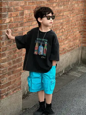 Boys Black Graphic Cotton Shorts Blue 2025 Summer