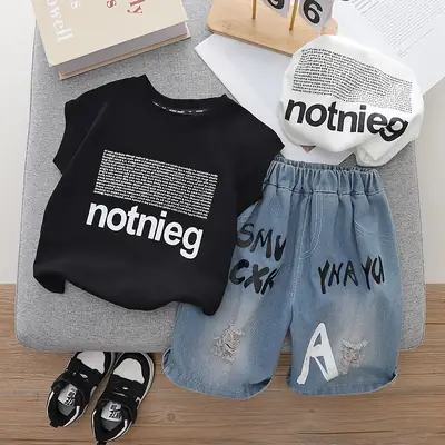 Children Cotton Sleeveless T-Shirt & Shorts Set Black Blue
