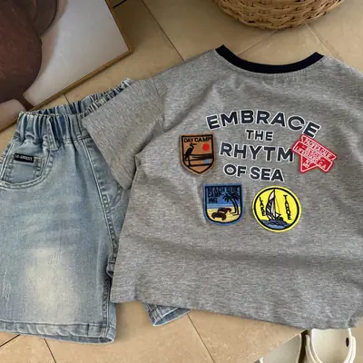 Boys Grey T-Shirt with Sea Rhythm Embroidery