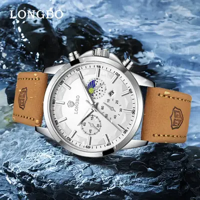 Longbo Men's Blue Chronograph Quartz Watch Brown Leather Band