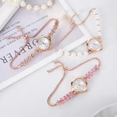 Women's Pink Crystal Diamond Watch with Rose Gold Chain