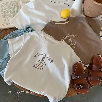 Boys Cotton Cartoon T-Shirt White Brown Summer 2025