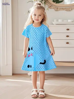 Cute Cat Print Girls Summer Dress Blue Peasant Skirt