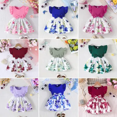 Green Bow Butterfly Print Baby Dress for Girls