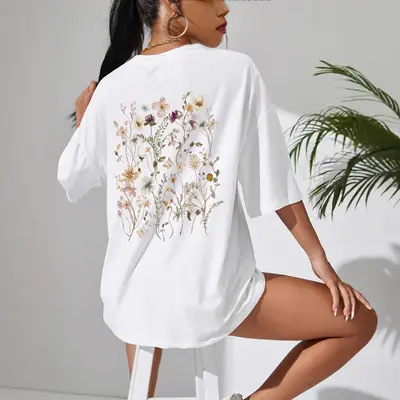 Women Cotton Floral Print T-Shirt Grey Short Sleeve
