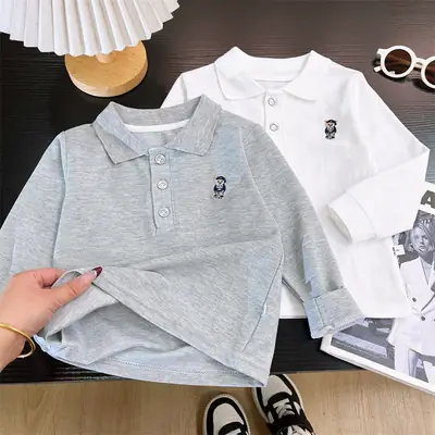 Children's White Polo Shirt with Embroidery Bottom 2025 Spring Autumn