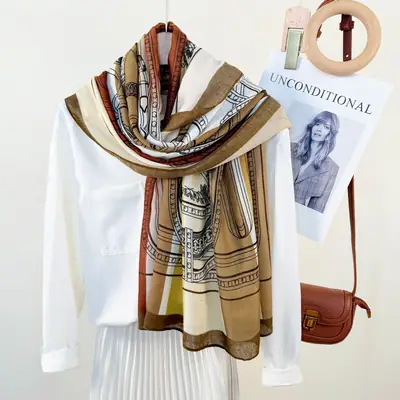 European Printed Long Scarf for Women White Black Grey