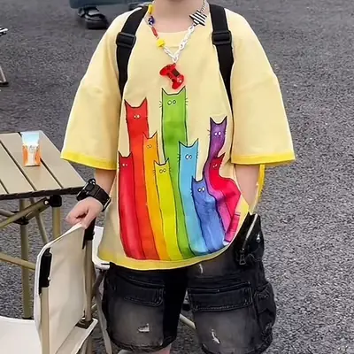 Children's Colorful Cat Print T-Shirt & Denim Pants Set