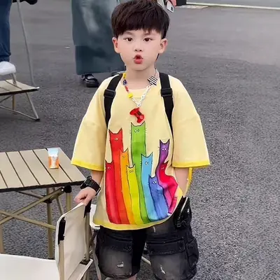 Kids Cat Print Shorts Set Yellow Denim Pants