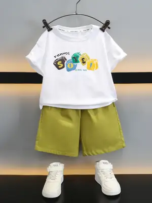 7358 Boys Summer Outfit 2026 Printed T-Shirt Two-Piece Set