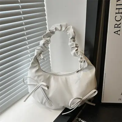 White Pleated Bow Shoulder Bag for Women