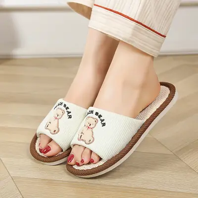 Happy Bear Linen Slippers Women's Home Indoor Four Seasons Sweat-Absorbent Cute Silent Student Dormitory Cotton Linen Slippers