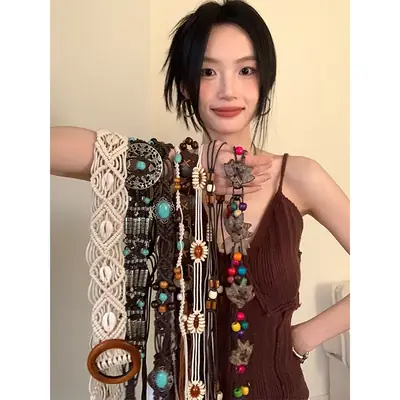 Retro Bohemian Belt with Flower Beaded Design