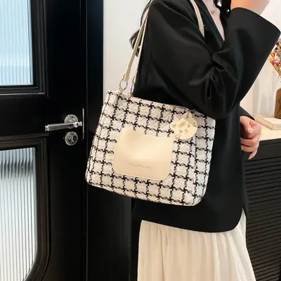 2025 Women's Checkered Shoulder Bag with White Leather Trim