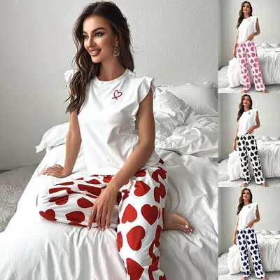 European and American Cross-Border Summer Women's Sleeveless T-Shirt and Long Pants Pajama Set, Milk Silk Heart Print Loungewear