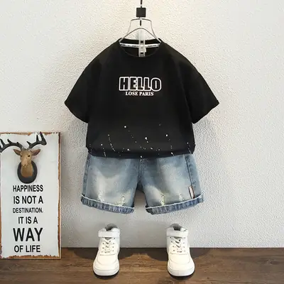 Boys 2025 Black Hello T-Shirt Cotton Loose Summer Casual