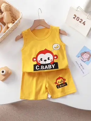 Girls Penguin Sleeveless T-Shirt Shorts Set Yellow Blue Striped