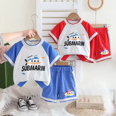 Submarine Cartoon 2-Piece Boys Suit Blue Cotton 1-5Y