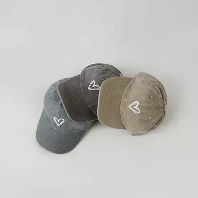 Vintage Dark Gray Heart Embroidered Baseball Cap for Kids