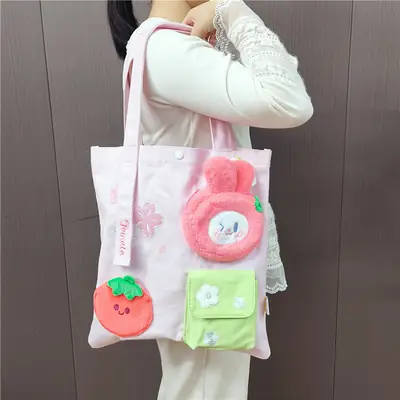 Cute Elf Rabbit Canvas Shoulder Bag Pink Green