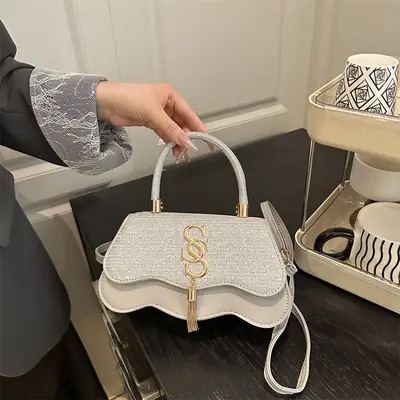 2025 Sequin Satchel Bag White Gold One Shoulder