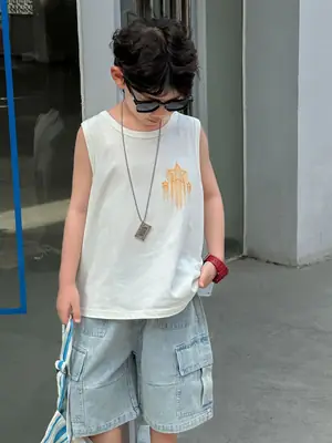 Kids White Graphic Sleeveless T-Shirt with Denim Shorts Medium