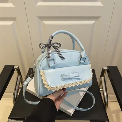 Light Blue Bow Bag with Lace Trim for Women